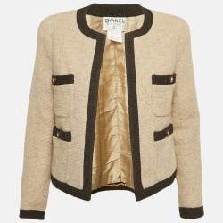 مملوكة مسبقًا Chanel Beige Wool Contrast Detail Open Front Jacket M