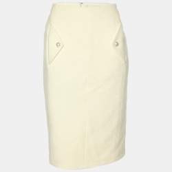 Pre Owned Chanel Cream Tweed Pearl Embellished Midi Skirt M