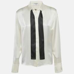 Chanel Ivory Satin Silk Tie-Up Neck Detail Shirt L