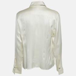 Pre Owned Chanel Ivory Satin Silk Tie-Up Neck Detail Shirt L