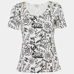 Chanel White Print Stretch Knit Top M