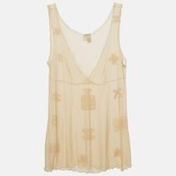 Chanel Vintage Beige Stretch Tulle Applique Detail Sheer Top L