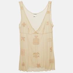 Chanel Vintage Beige Stretch Tulle Applique Detail Sheer Top L
