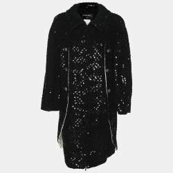 Chanel Black Sequin Tweed Camelia Coat M