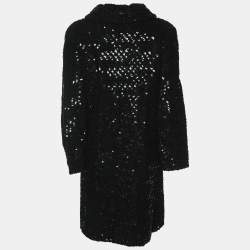 Chanel Black Sequin Tweed Camelia Coat M