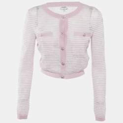 Chanel Pink Stripe Patterned Knit Button Front Cardigan S