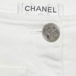 Pre Owned Chanel White Floral Embroidery Cotton Drill Pants S