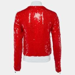 Pre Owned Chanel White Terry & Red Sequin Embbellished Zip Front Jacket S