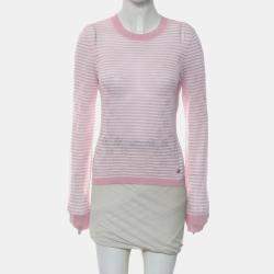 Pre Owned Chanel Pink Stripes Lightweight Sweater S