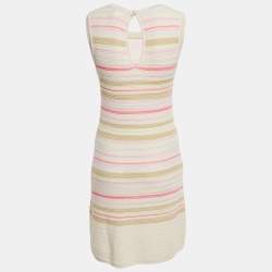 Pre Owned Chanel Cream/Pink Striped Cotton Knit Sleeveless Mini Dress M