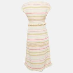 Pre Owned Chanel Cream/Pink Striped Knit Short Sleeve Cardigan S