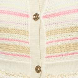 Pre Owned Chanel Cream/Pink Striped Knit Short Sleeve Cardigan S