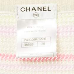 Pre Owned Chanel Cream/Pink Striped Knit Short Sleeve Cardigan S