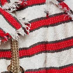 Pre Owned Chanel Red & Off White Tweed CC Logo Chain Detail Frayed Cropped Jacket M
