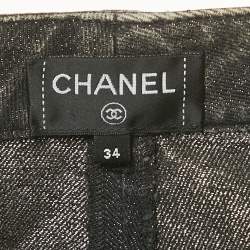 Pre Owned Chanel Grey Logo Embroidered Flared Denim Shorts S Waist 26"