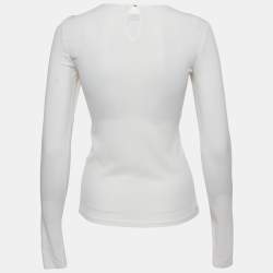 Pre Owned Chanel White Silk Logo Metal Detail Long Sleeve Top S
