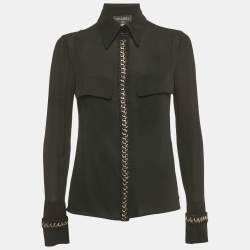 Pre Owned Chanel Black Stretch Silk Tweed and Chain Trimmed Button Front Blouse M