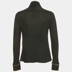 Pre Owned Chanel Black Stretch Silk Tweed and Chain Trimmed Button Front Blouse M