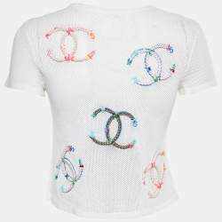 مملوكة مسبقًا توب شانيل شبكة مطرزة CC باللون الأبيض ياقة دائرية مقاس صغير (سمول)