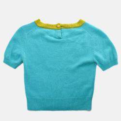Pre Owned Chanel Light Blue Knit Short Sleeve Sweater Top