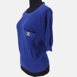 مملوكة مسبقًا قميص شانيل بأكمام قصيرة وياقة دائرية أزرق تريكو مقاس 40