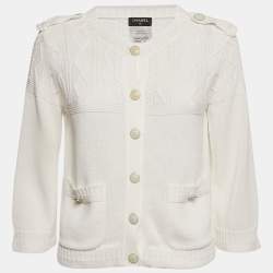 Pre Owned Chanel White Patterned Knit Button Front Cardigan S