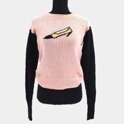 Pre Owned Chanel Long Sleeve Round Neck Knit Sweater Pink Black 40
