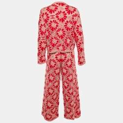 مملوكة مسبقًا طقم بنطال شانيل جاكار زهور أحمر محبوك مقاس كبير