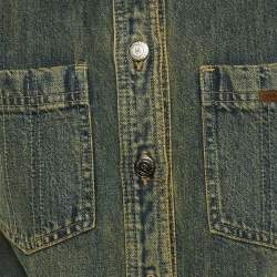 Pre Owned Chanel Blue Denim & Leather Collar Button Front Coat M