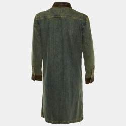 Pre Owned Chanel Blue Denim & Leather Collar Button Front Coat M