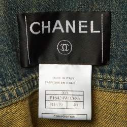 Pre Owned Chanel Blue Denim & Leather Collar Button Front Coat M