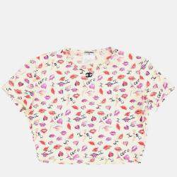 Pre Owned Chanel Lipstick Cropped Ivory Cotton T-Shirt Size 42