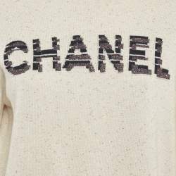 Pre Owned Chanel White/Metallic Lurex Knit Logo Detail Long Sleeve Sweater M