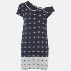 Pre Owned Chanel Navy Blue Floral Patterend Rib Knit Mini Dress S