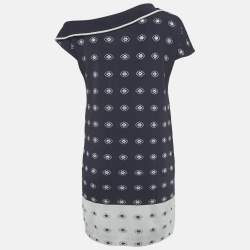 Pre Owned Chanel Navy Blue Floral Patterend Rib Knit Mini Dress S