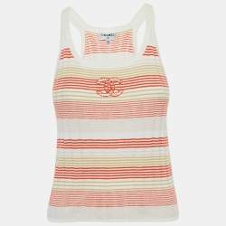 Pre Owned Chanel Orange /Yellow Logo Embroidered Rib Knit Tank Top S 