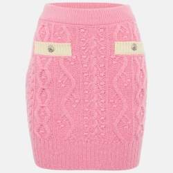 Pre Owned Chanel Pink Cashmere Cable Knit Pocket Front Mini Skirt S 