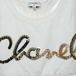 Pre Owned Chanel White Sequin Logo Embellished Velvet Cotton Crop Top S