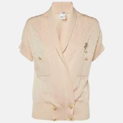 Pre Owned Chanel Pink Textured Knit Brooch Detail Cardigan L