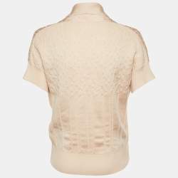 Pre Owned Chanel Pink Textured Knit Brooch Detail Cardigan L