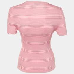 Pre Owned Chanel Pink CC Striped Knit Crew Neck Top M