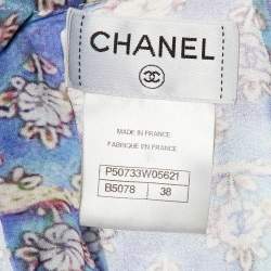 Pre Owned Chanel Blue Floral Print Silk Scarf Detail Blouse M