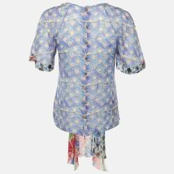 Pre Owned Chanel Blue Floral Print Silk Scarf Detail Blouse M