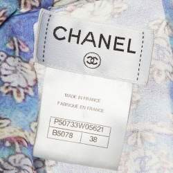 Pre Owned Chanel Blue Floral Print Silk Scarf Detail Blouse M