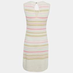 Pre Owned Chanel Pink/Cream Striped Lurex Knit Bodycon Dress M