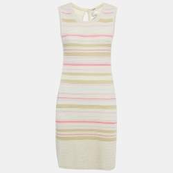 Pre Owned Chanel Pink/Cream Striped Lurex Knit Bodycon Dress M