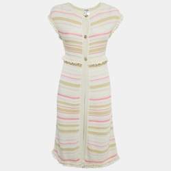 Pre Owned Chanel Cream/Pink Striped Knit Short Sleeve Cardigan S