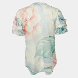 Pre Owned Chanel Multicolor Floral Print Cotton Button Front Sheer Top L