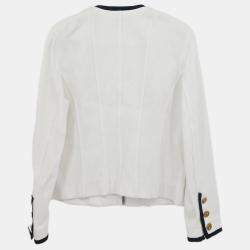 Pre Owned Chanel Single Breasted Collarless Jacket White Size L
