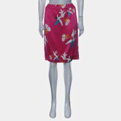 مملوكة مسبقًا تنورة شانيل حريرية بطبعة شعار زهور وردي